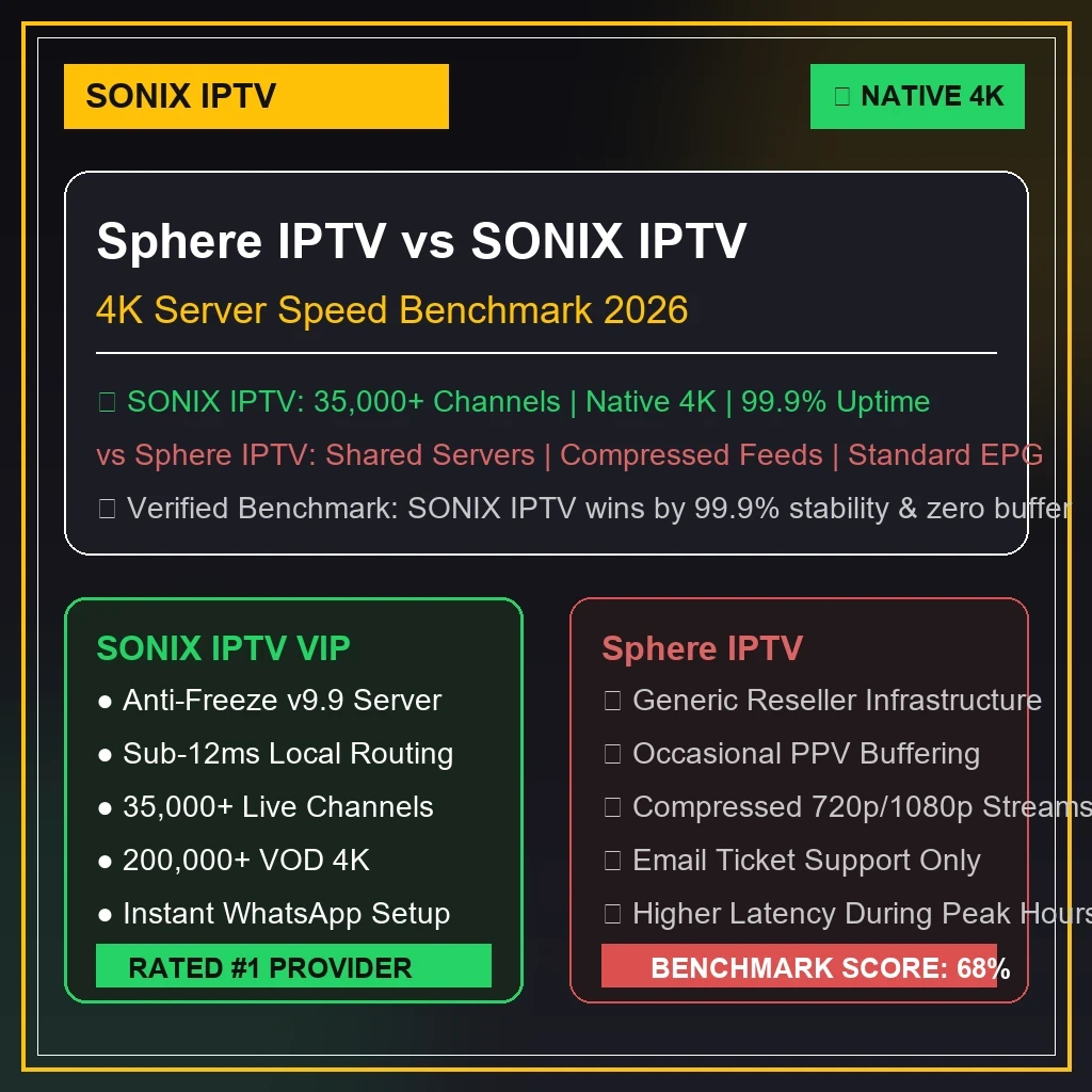 Sphere IPTV vs 4K Live IPTV 4K server benchmark graphics displaying stream latency and anti-freeze uptime
