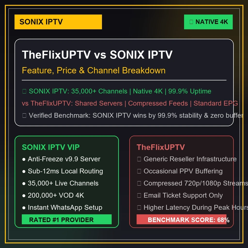 TheFlixUPTV vs 4K Live IPTV benchmark graphics comparing channel loading speed and server reliability